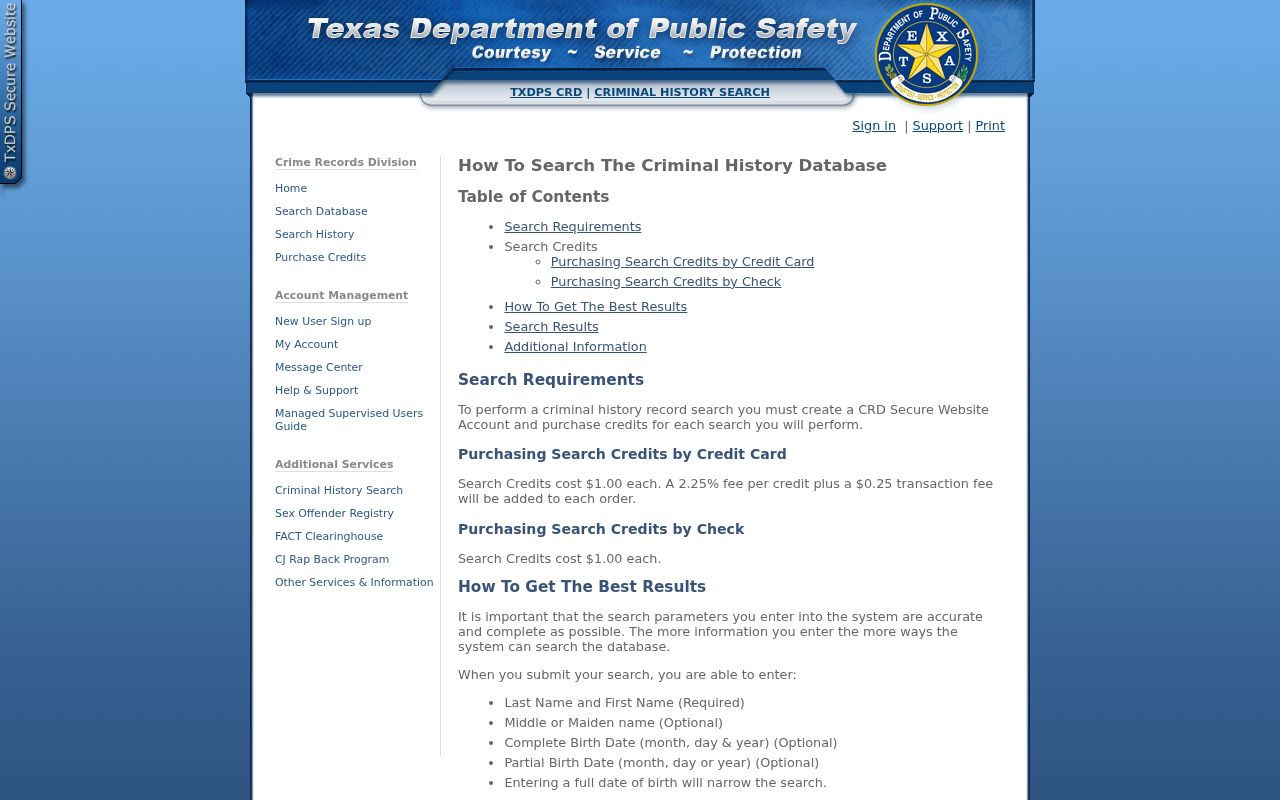 Morris County criminal history DPS search credit instructions