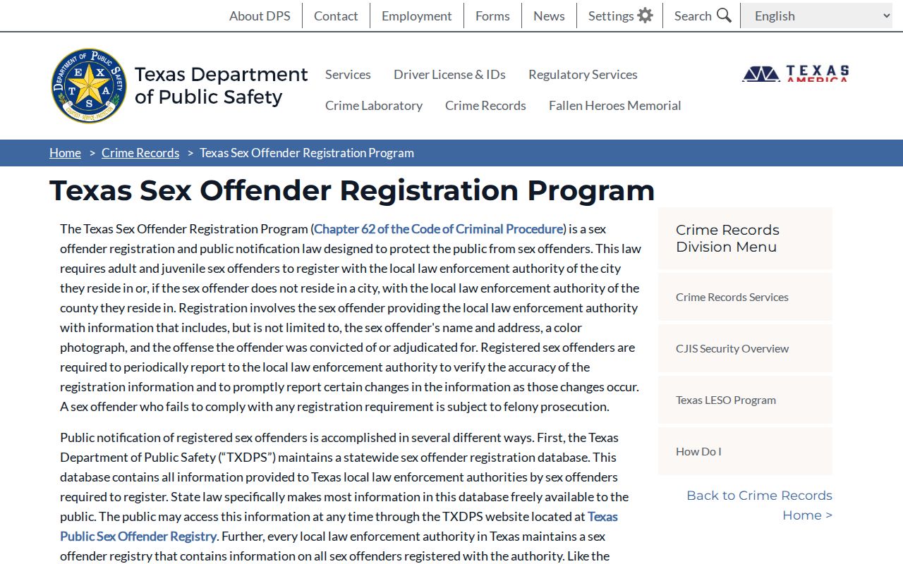 Morris County sex offender registry explanation from Texas DPS