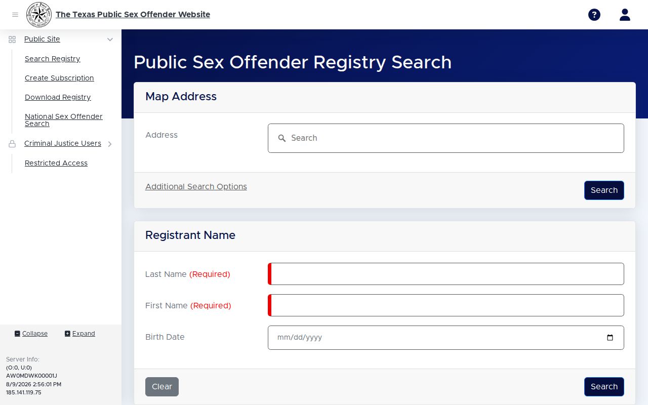 Morris County sex offender check fields on the Texas registry search form